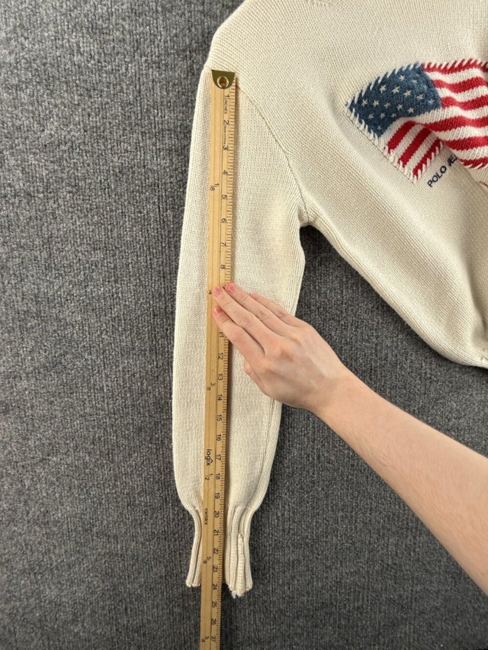 Polo Jeans Co Ralph Lauren Flag Sweater Knit Graphic Pullover Ivory Patriotic - Picture 9 of 16